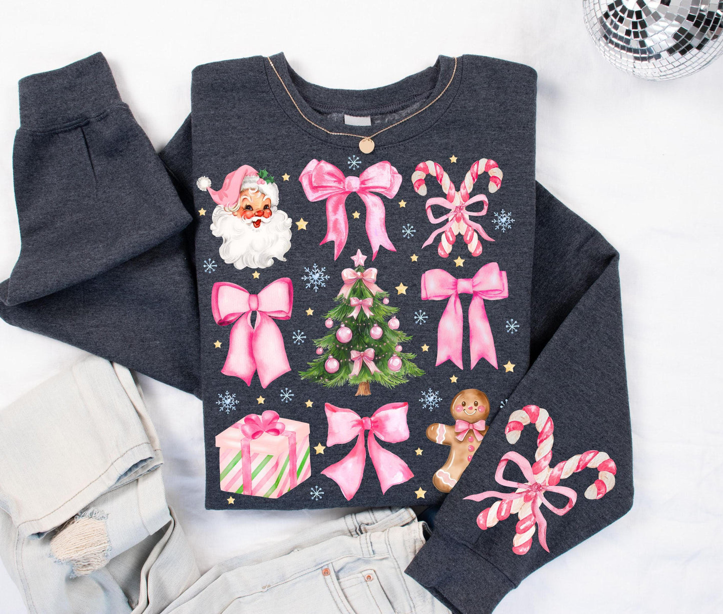 Coquette Christmas PNG Candy Cane Pink Bows Santa Christmas Tree Gifts Gingerbread Presents Retro Pink Christmas design for kids Girly Xmas