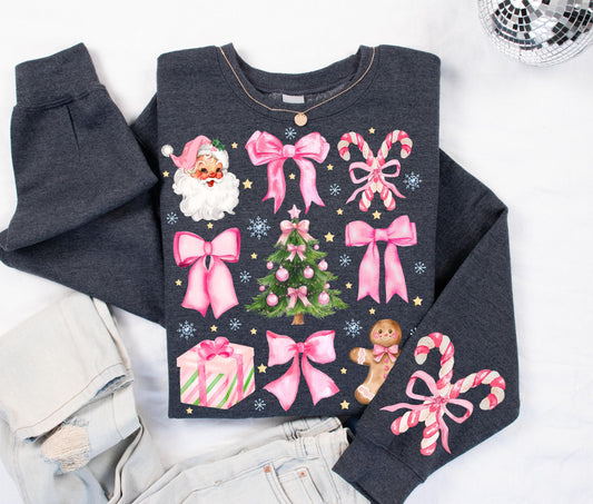 Coquette Christmas PNG Candy Cane Pink Bows Santa Christmas Tree Gifts Gingerbread Presents Retro Pink Christmas design for kids Girly Xmas