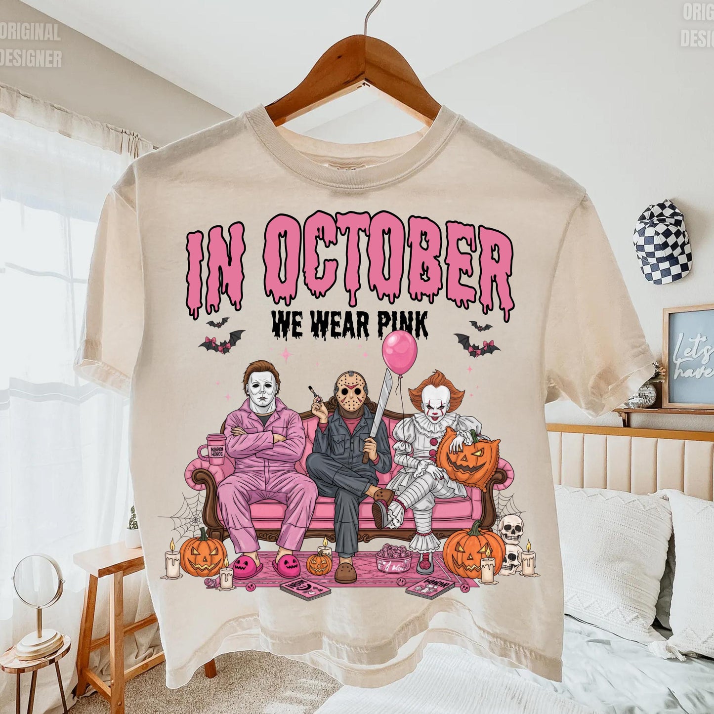 In October We Wear Pink PNG, Horror Characters Halloween Sublimation, Funny Slasher Couch Scene Shirt Design