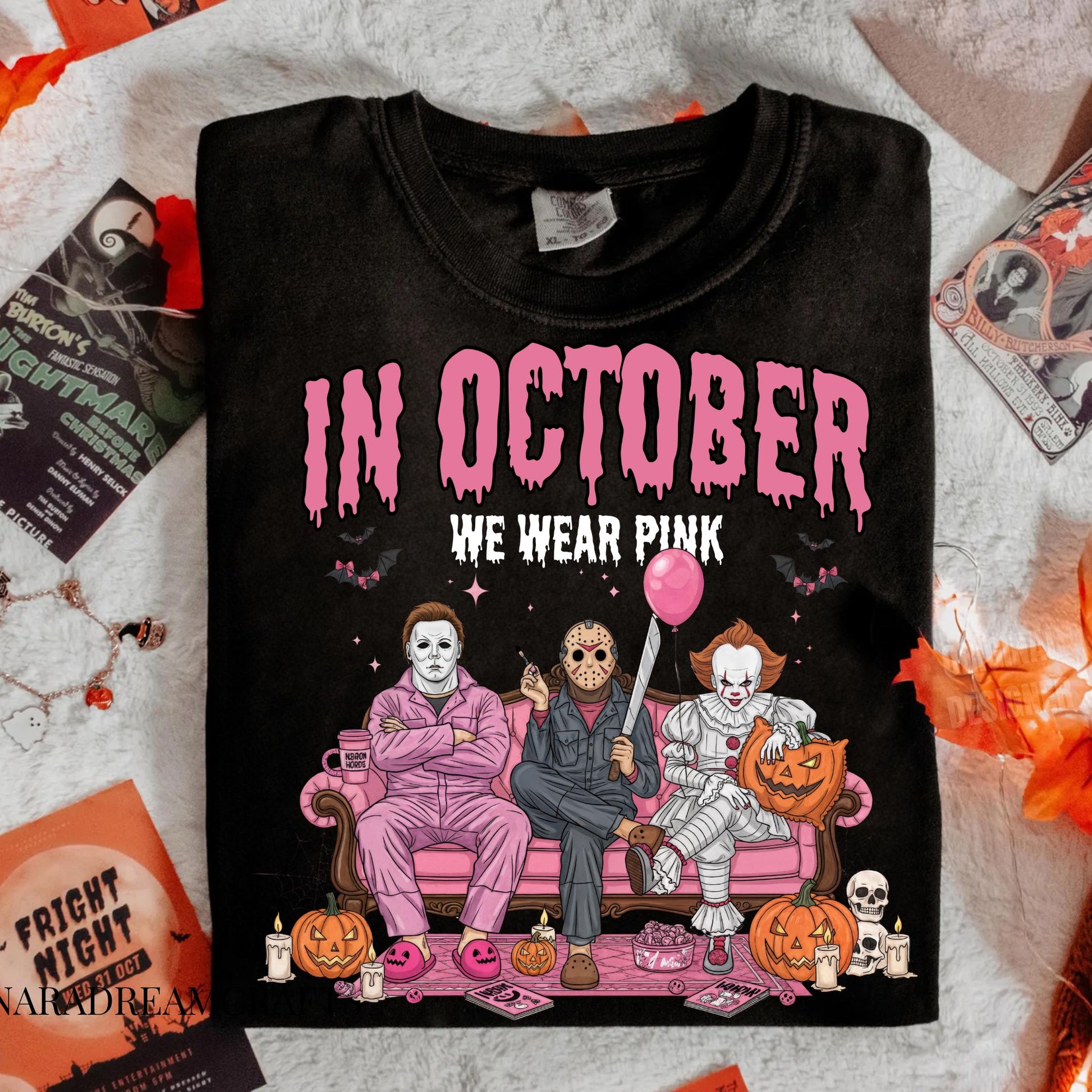 In October We Wear Pink PNG, Horror Characters Halloween Sublimation, Funny Slasher Couch Scene Shirt Design