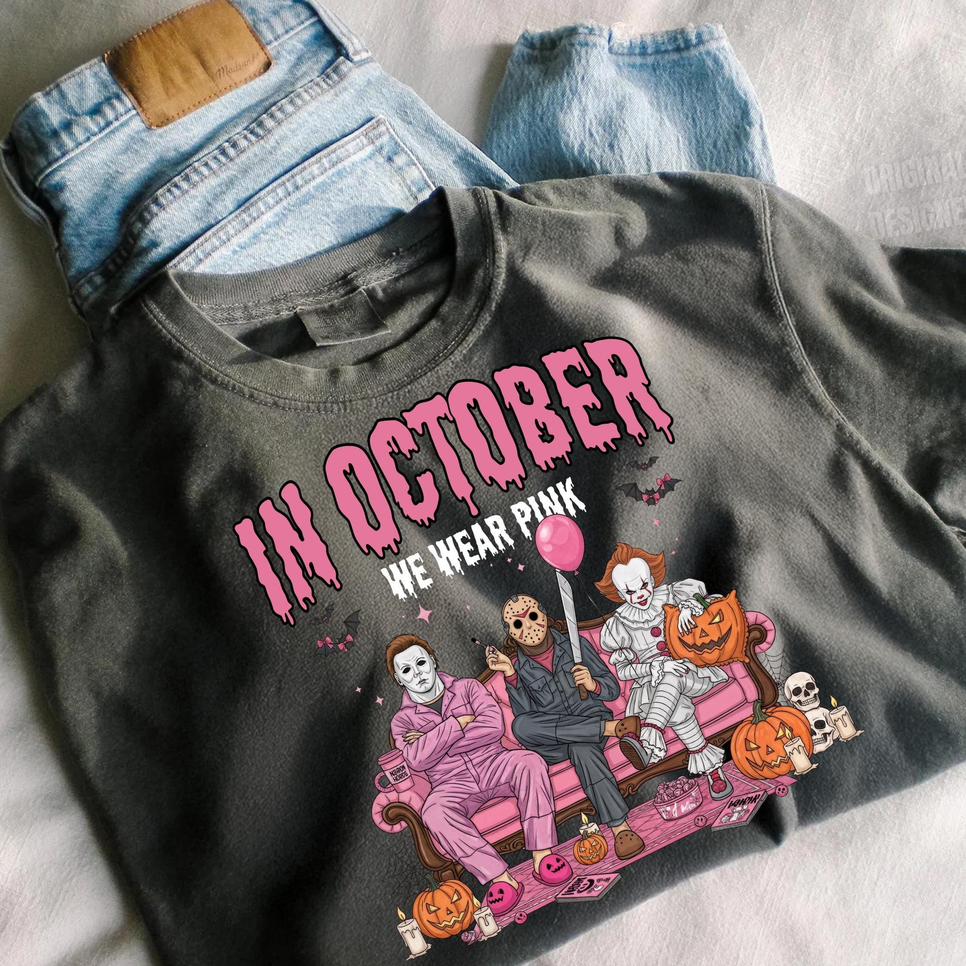 In October We Wear Pink PNG, Horror Characters Halloween Sublimation, Funny Slasher Couch Scene Shirt Design