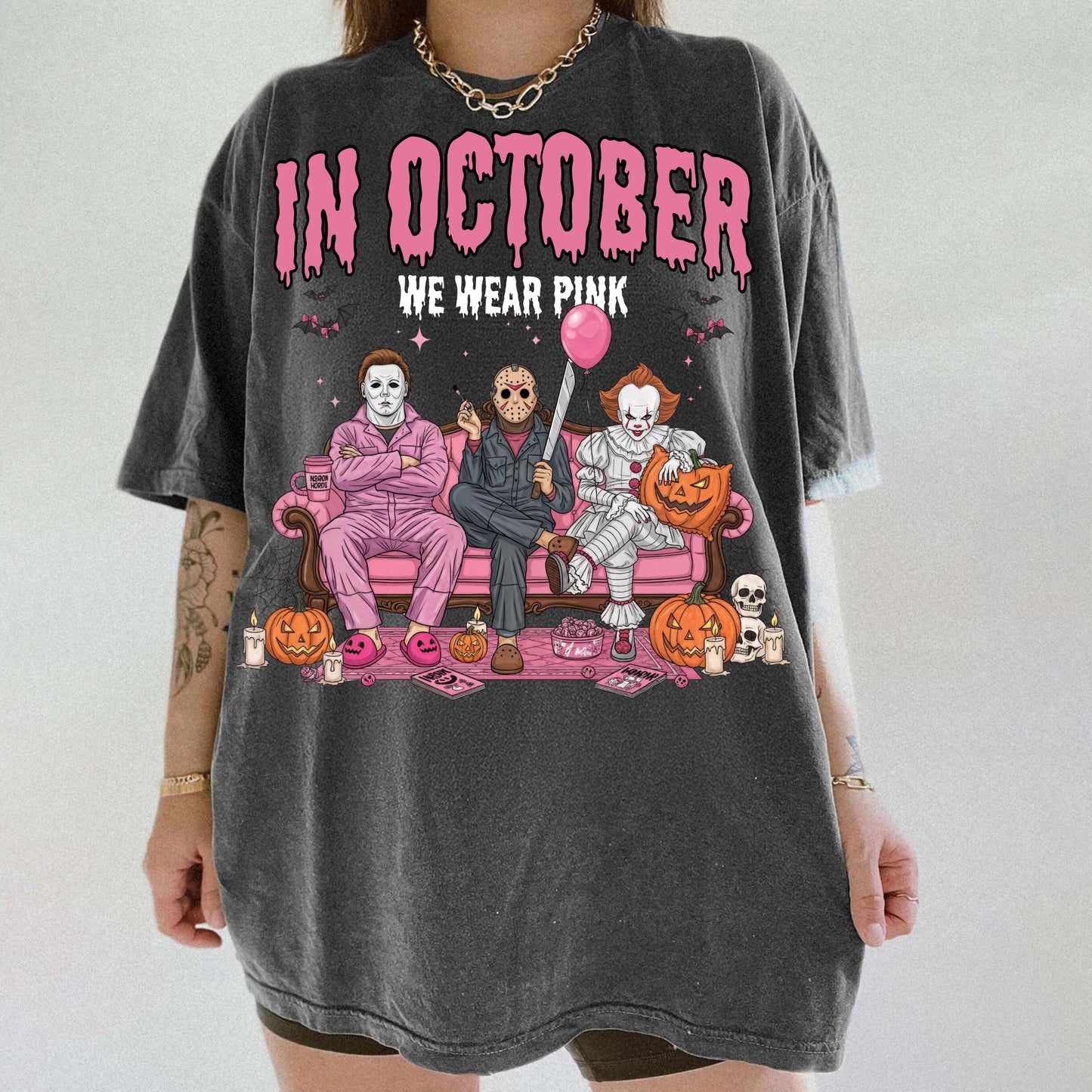 In October We Wear Pink PNG, Horror Characters Halloween Sublimation, Funny Slasher Couch Scene Shirt Design