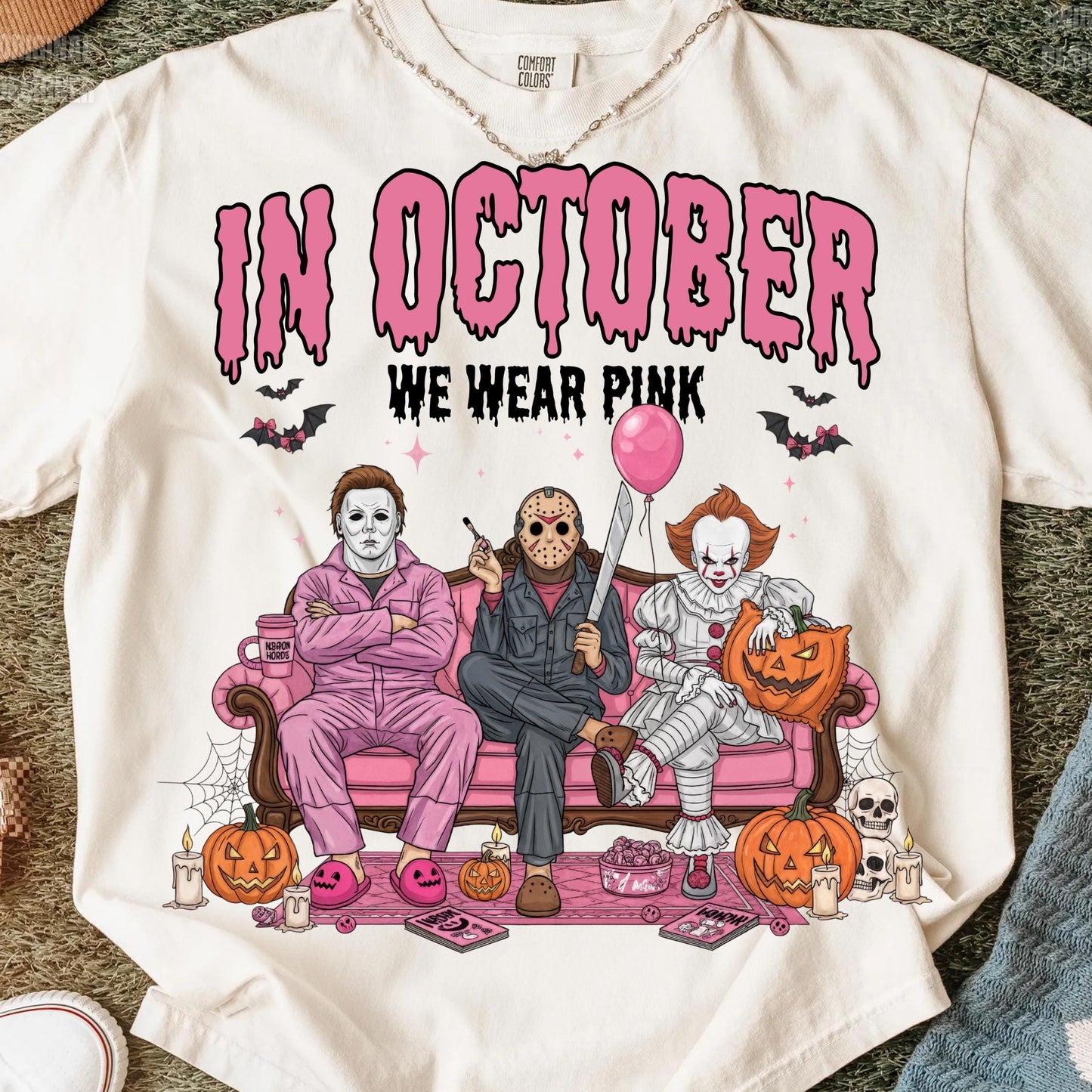 In October We Wear Pink PNG, Horror Characters Halloween Sublimation, Funny Slasher Couch Scene Shirt Design