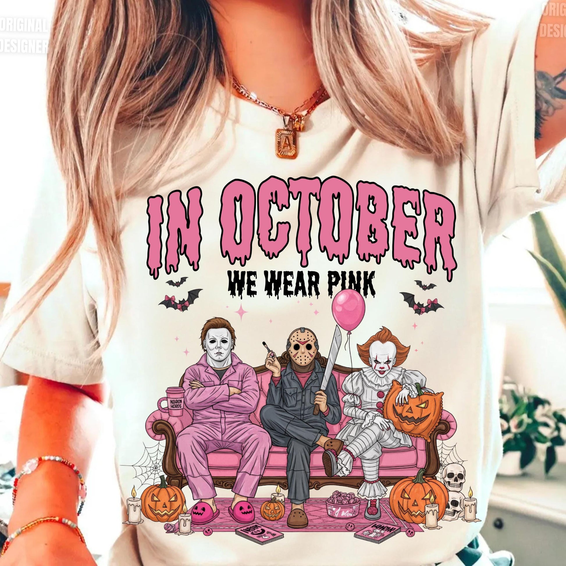 In October We Wear Pink PNG, Horror Characters Halloween Sublimation, Funny Slasher Couch Scene Shirt Design
