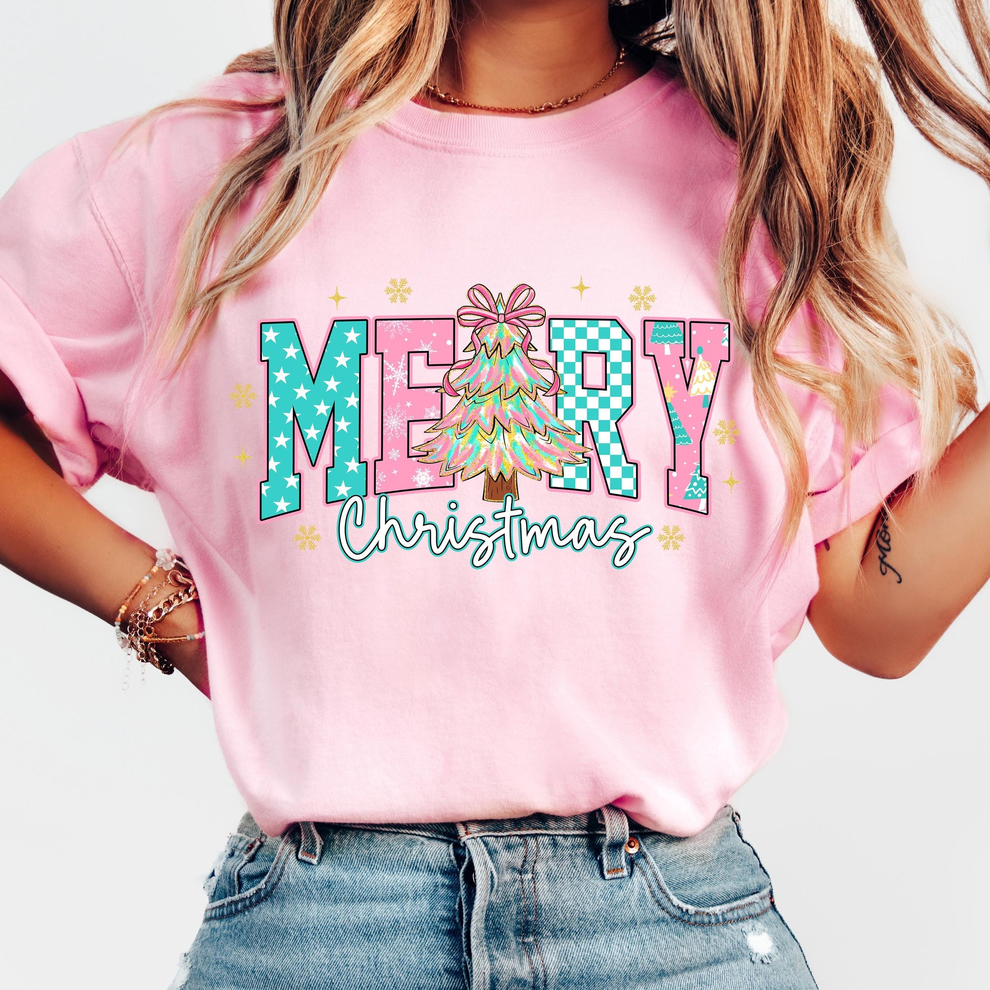 Merry Christmas Coquette Png, Retro Pink Christmas Tree Png, Preppy Christmas Shirt Design, Merry and Bright Png, Checkered Xmas Sublimation