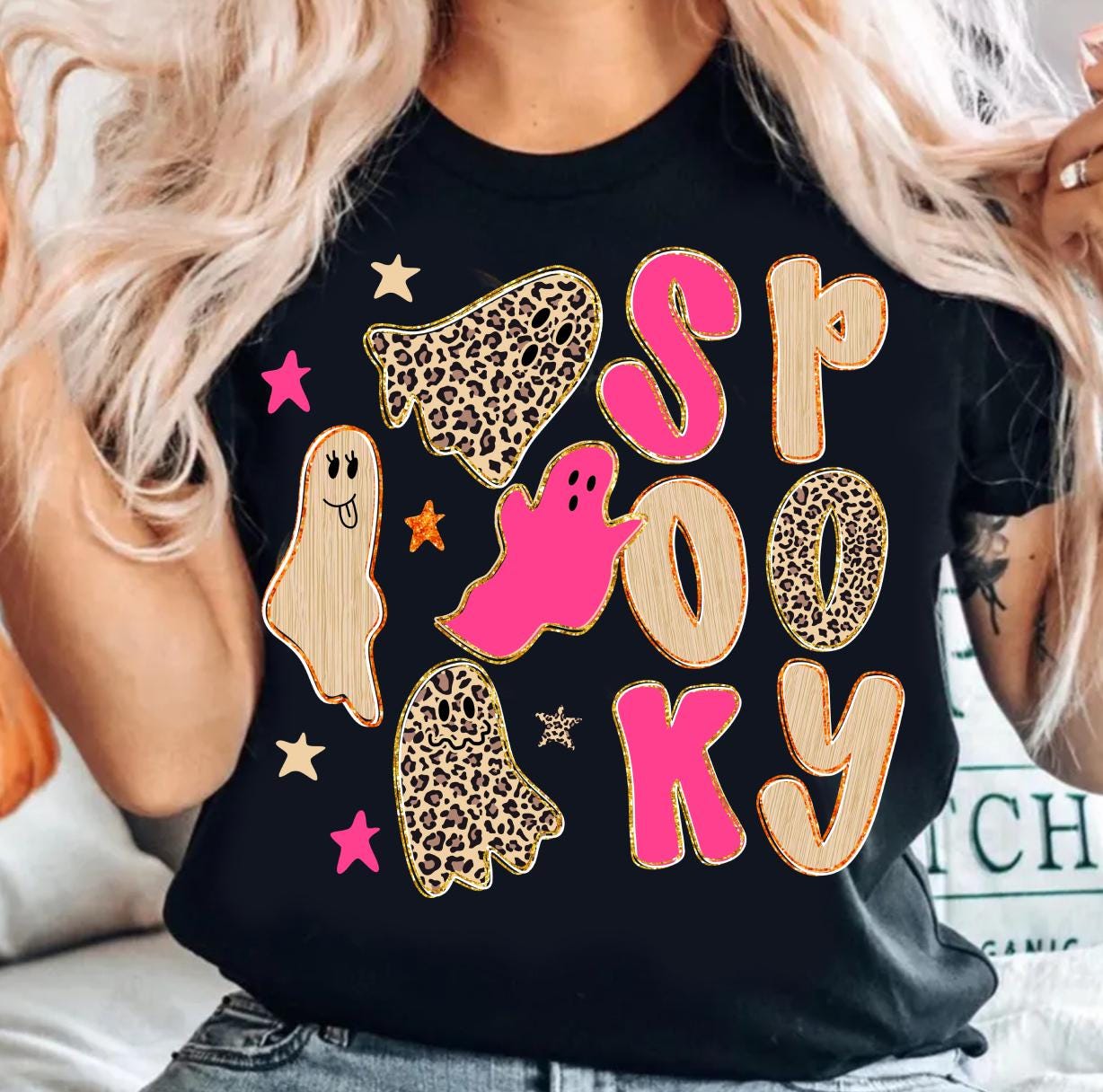 Spooky Doodle PNG, Preppy Leopard Ghost Boo PNG, Preppy Pink Halloween PNG, Cute Ghost Png, Faux Glitter Png, Coquette Png, Fall Pumpkin Png