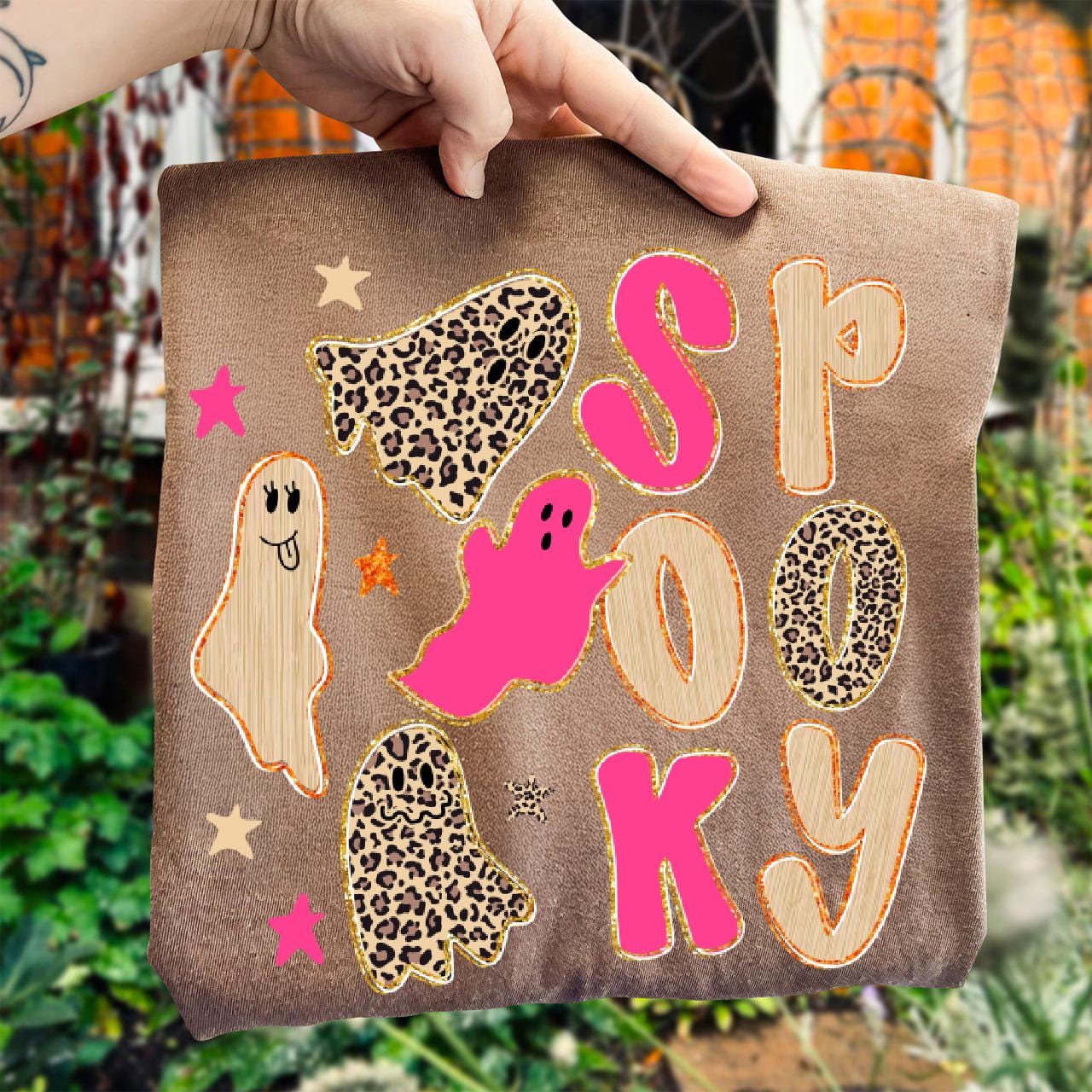 Spooky Doodle PNG, Preppy Leopard Ghost Boo PNG, Preppy Pink Halloween PNG, Cute Ghost Png, Faux Glitter Png, Coquette Png, Fall Pumpkin Png
