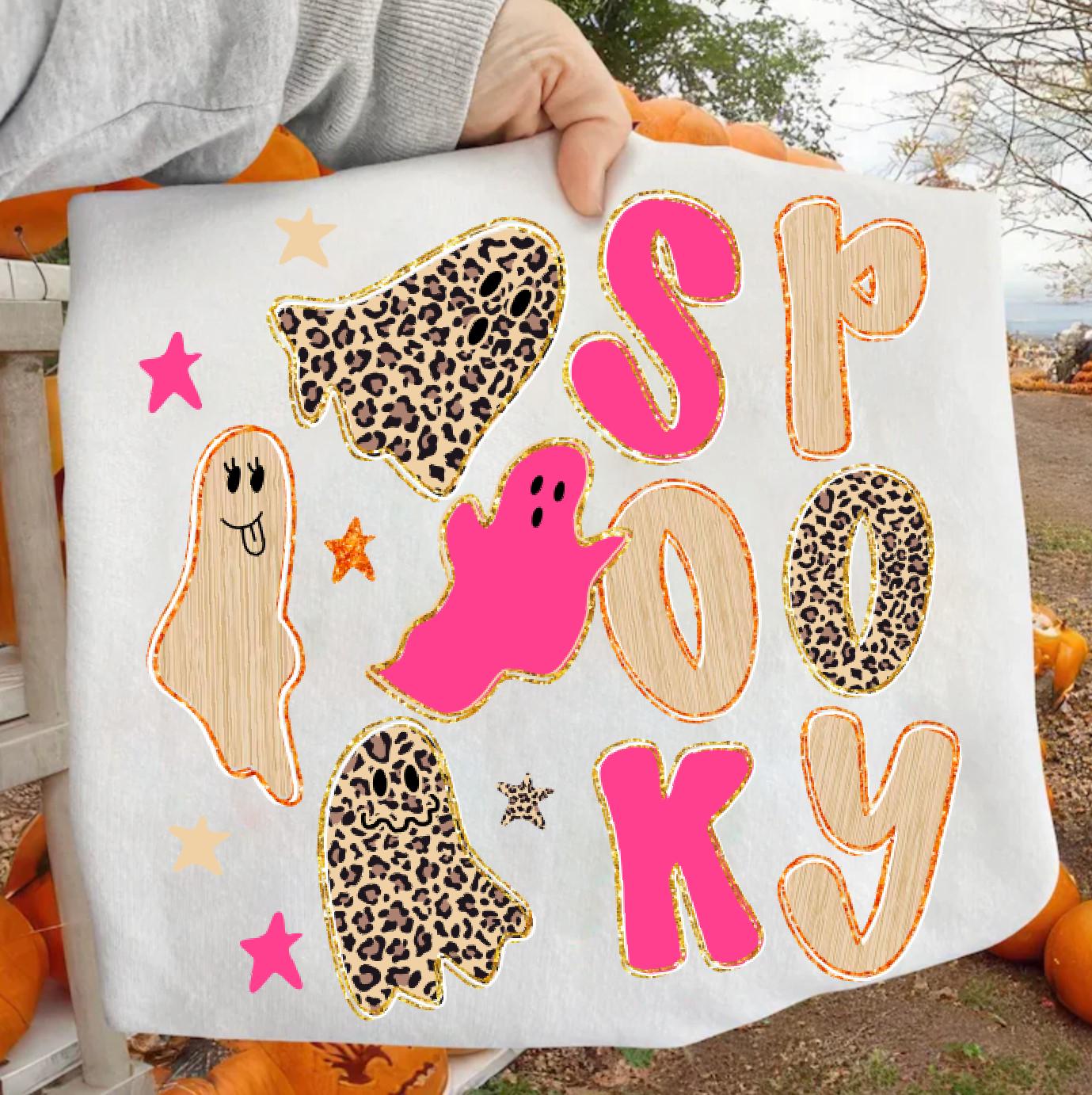 Spooky Doodle PNG, Preppy Leopard Ghost Boo PNG, Preppy Pink Halloween PNG, Cute Ghost Png, Faux Glitter Png, Coquette Png, Fall Pumpkin Png