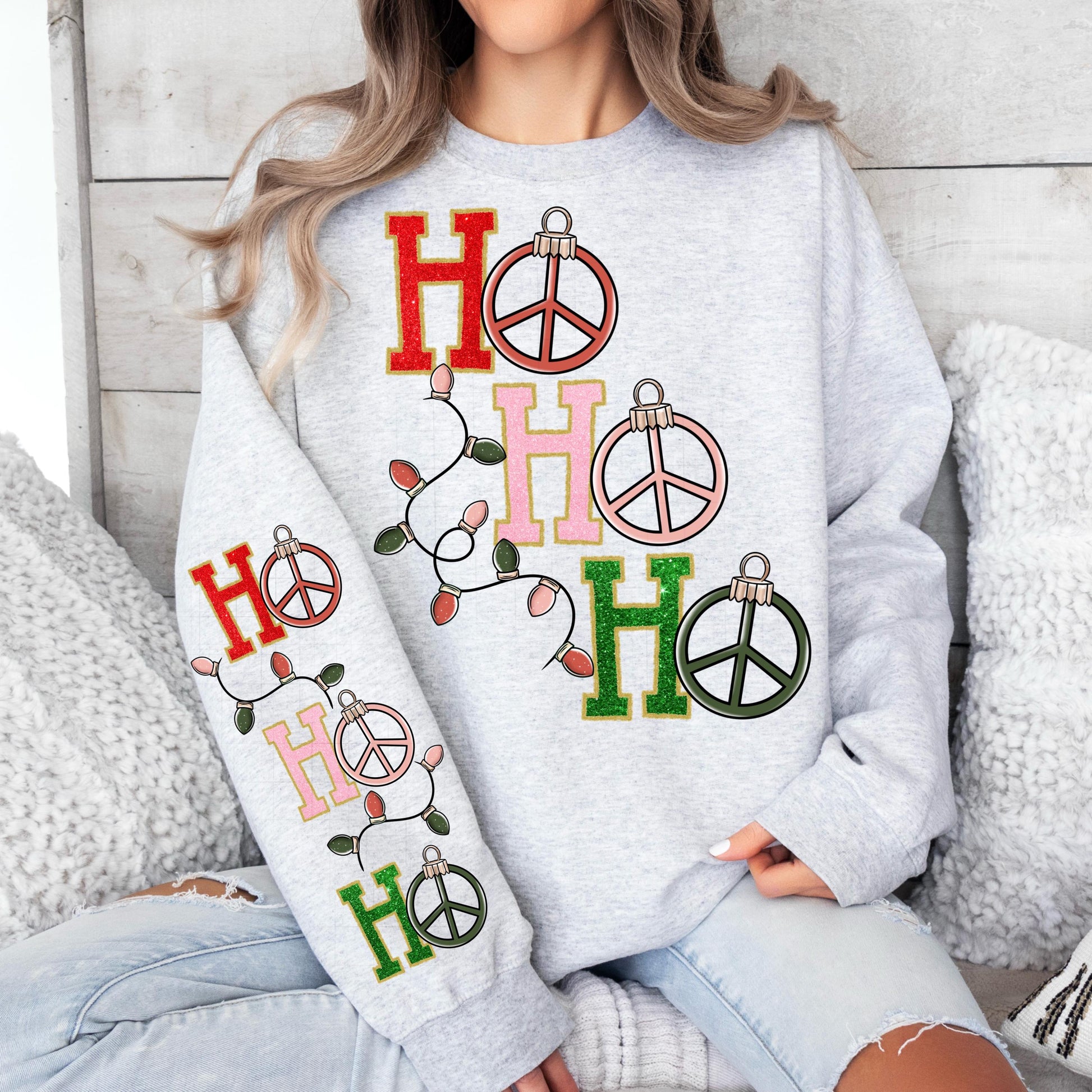 HoHoHo Christmas PNG With Sleeve Design Retro Christmas Shirt Design Christmas Peace Sign Png Groovy Glitter Christmas Tinsel Letters PNG
