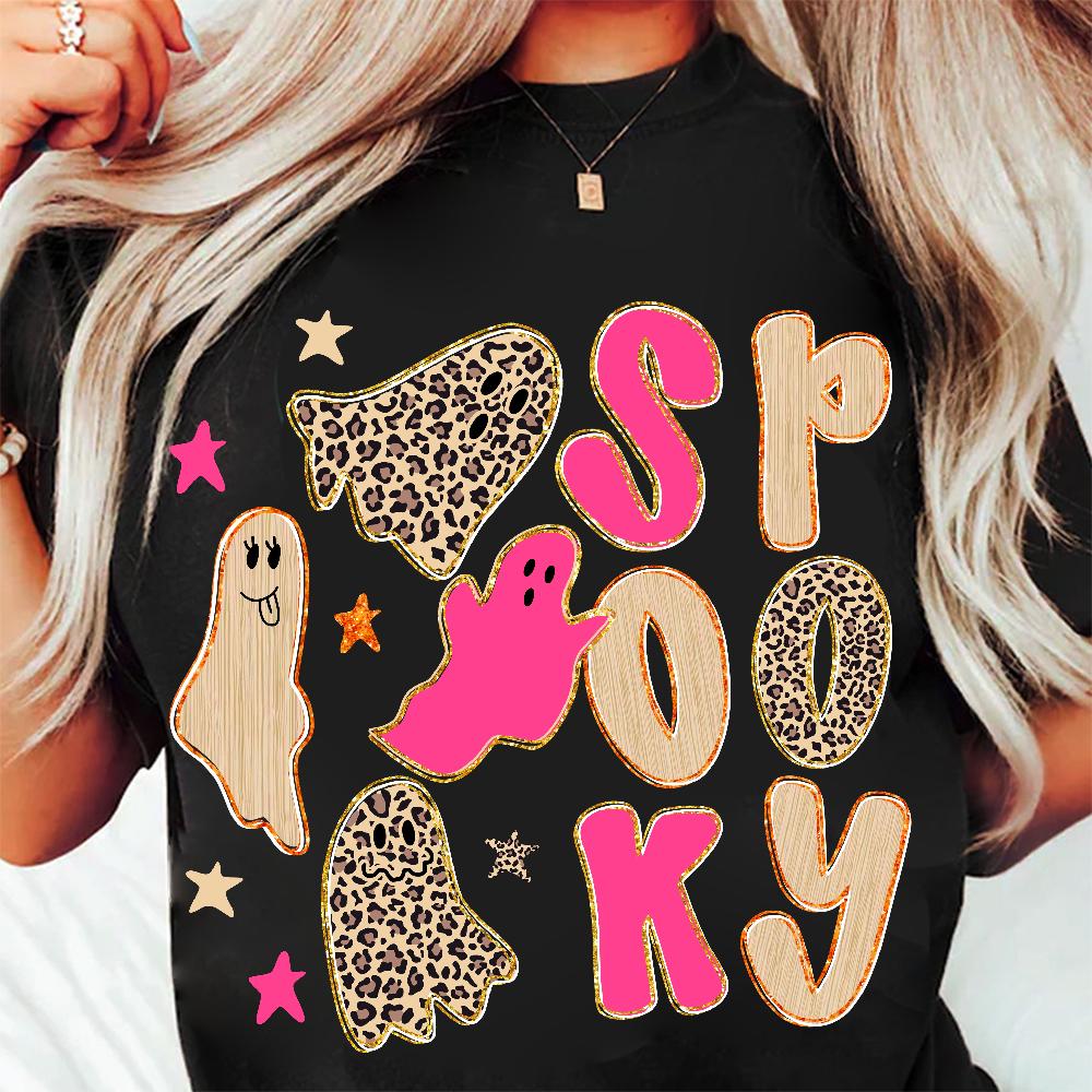 Spooky Doodle PNG, Preppy Leopard Ghost Boo PNG, Preppy Pink Halloween PNG, Cute Ghost Png, Faux Glitter Png, Coquette Png, Fall Pumpkin Png
