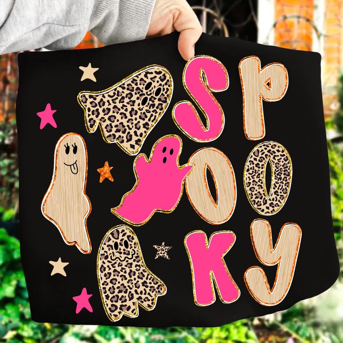 Spooky Doodle PNG, Preppy Leopard Ghost Boo PNG, Preppy Pink Halloween PNG, Cute Ghost Png, Faux Glitter Png, Coquette Png, Fall Pumpkin Png