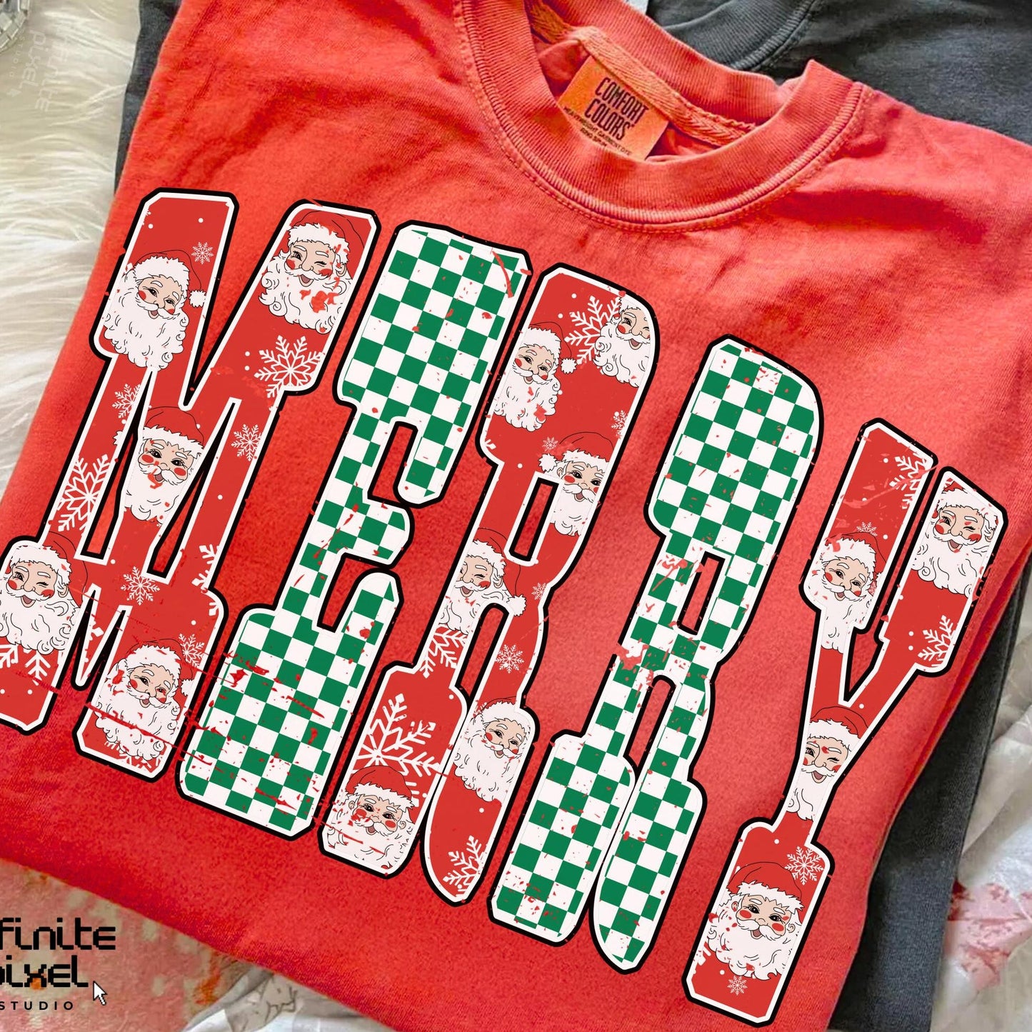 Merry Christmas PNG, Santa Checkerboard Red Green Sublimation, Cute Holiday Shirt Design, Retro Xmas PNG, Christmas Word Art
