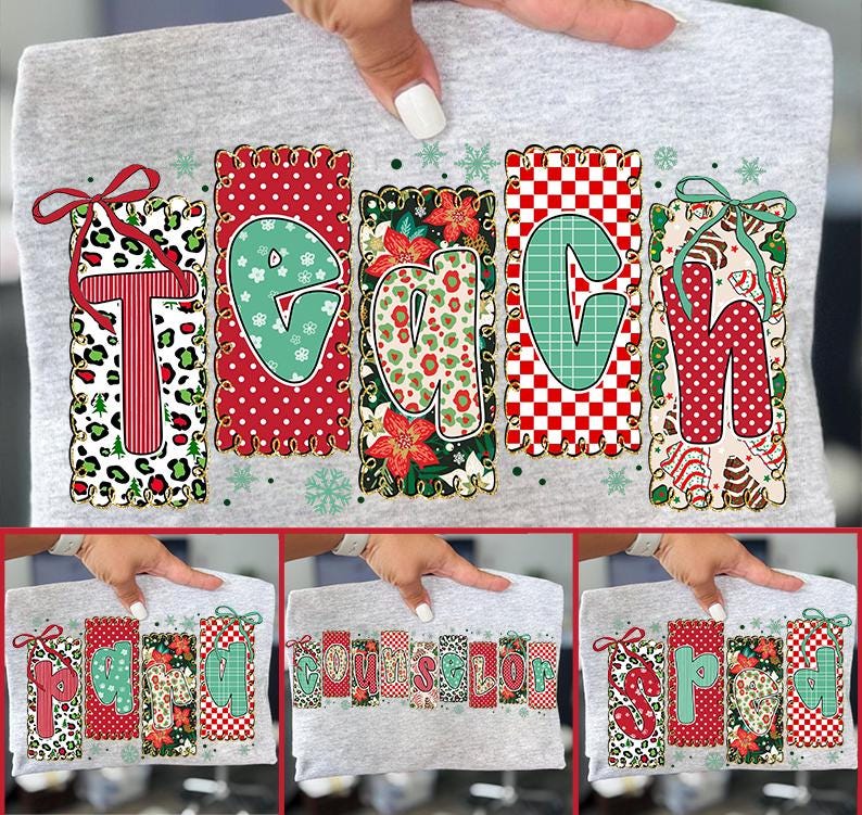 Teacher Bundle Png, Preppy Teacher Png, Merry Teacher, Coquette Teacher Christmas png, Teacher Coquette Bow Design, Sublimation Shirt Design