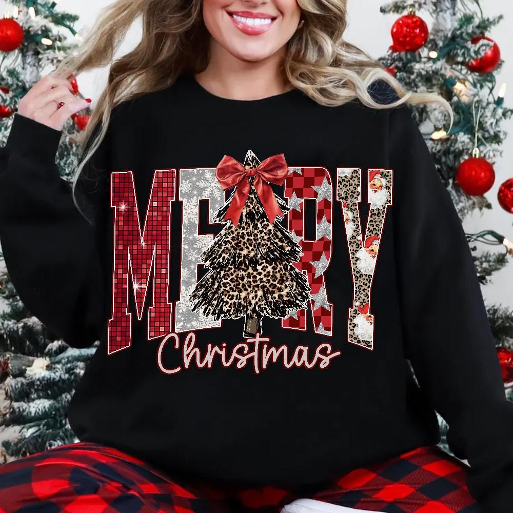 Coquette Merry Christmas png, Checkered Star Leopard Letters Christmas png, Faux Glitter Png, Christmas Tree Png, Xmas Holiday PNG, Disco